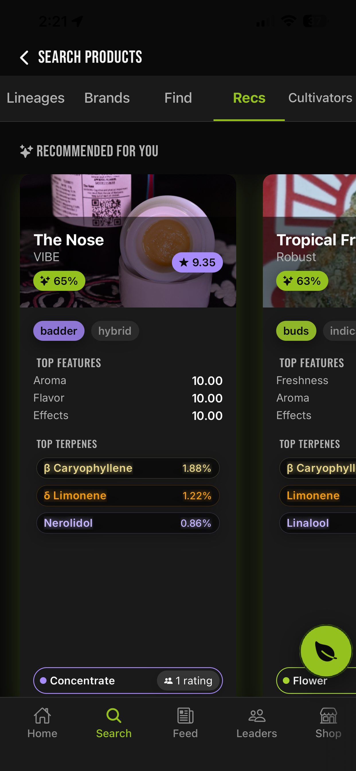 Recommended products with match percentages, community scores, and terpene breakdowns